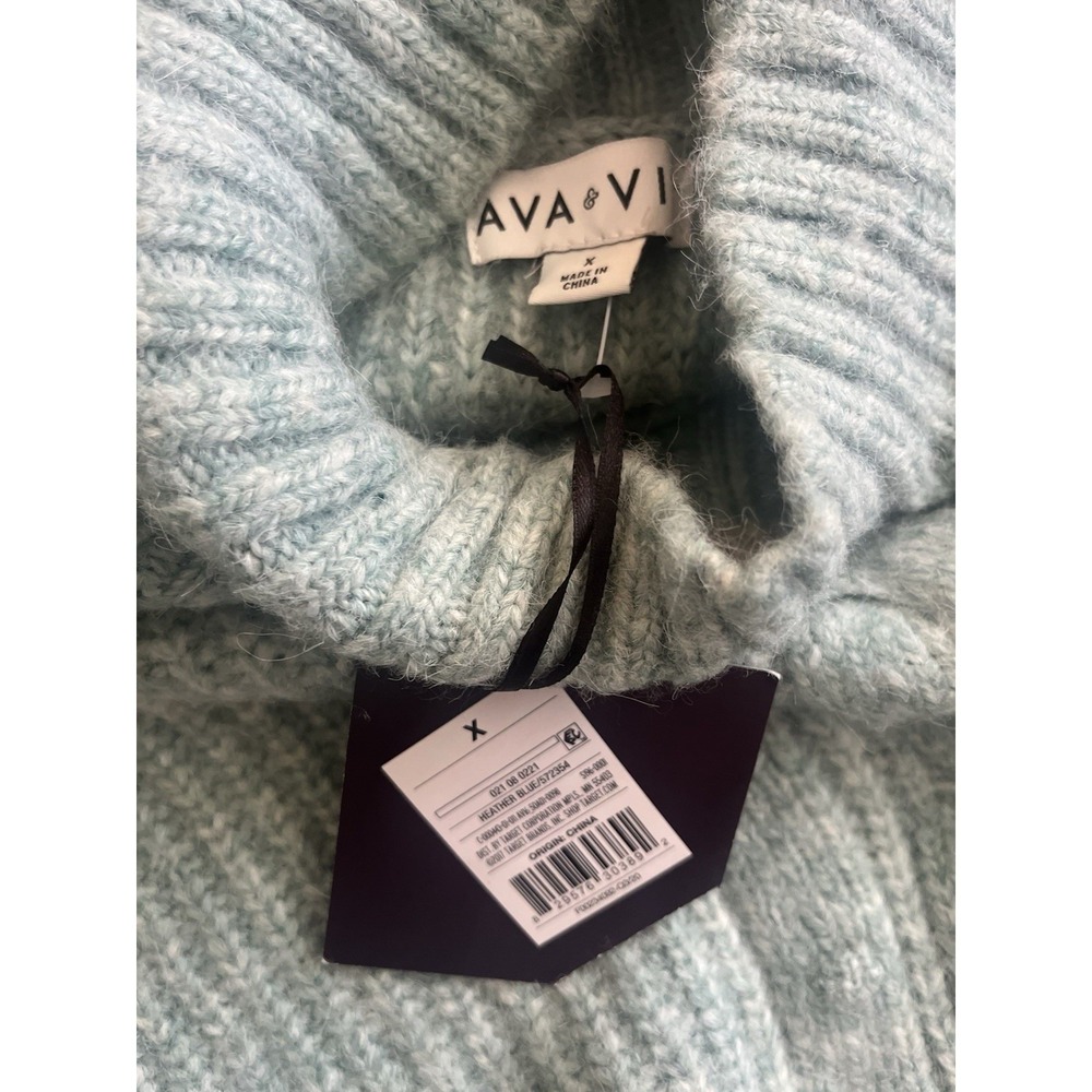 AVA & VIV Women Cable Knit Mock Neck Puff Sleeve Sweater Light Blue Size X - Picture 6 of 6